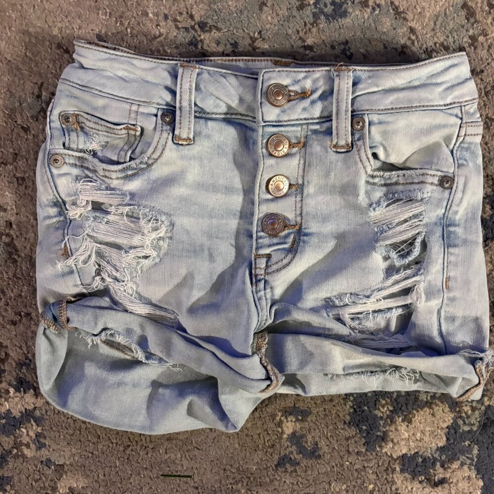 Ripped American Eagle Next Level Stretch Light Blue Jean Shorts